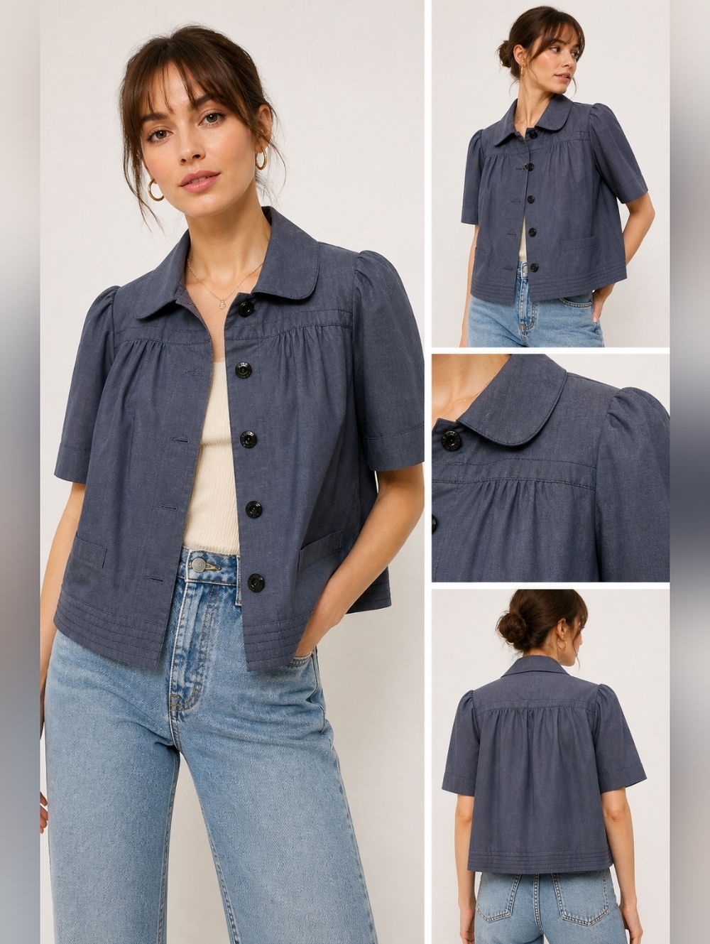 See by Chloé Blue Short Sleeve Cropped Jacket | Parisian Chic Button Front